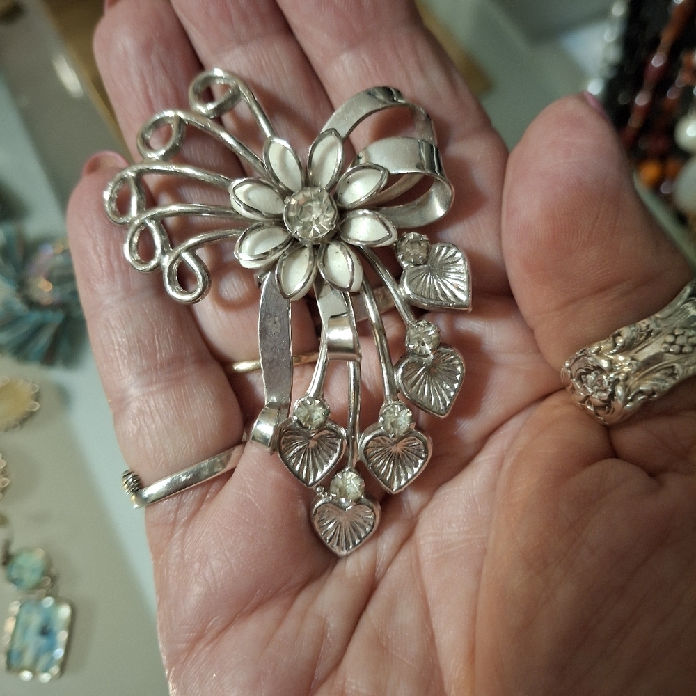 Silver Rhinestone Starburst Brooch Vintage